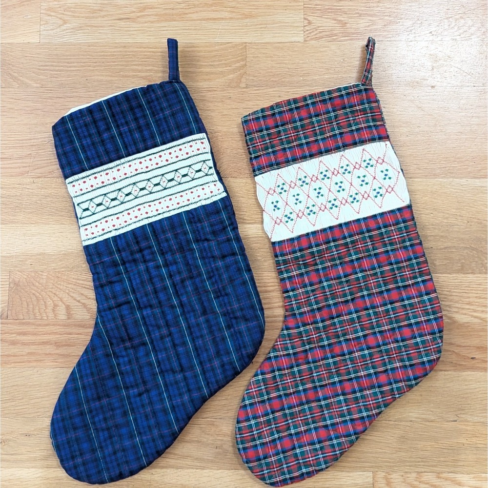 Vtg Handmade Smocked Christmas Stocking Set of 2 Red Blue Plaid Ruffle Pleated
